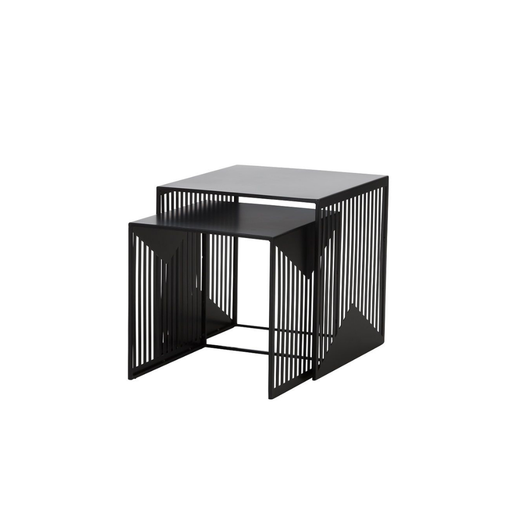 Nest of Two Black Powder Coated Steel Side Tables with Vertical Cut Out Detail. Small Table Square. Large Table Square