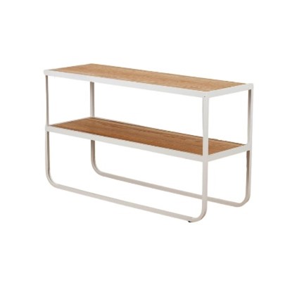 2 Tier timber console table or shelf unit, light natural timber top and centre shelf, white steel frame around edge forming legs and base that curves at the corners