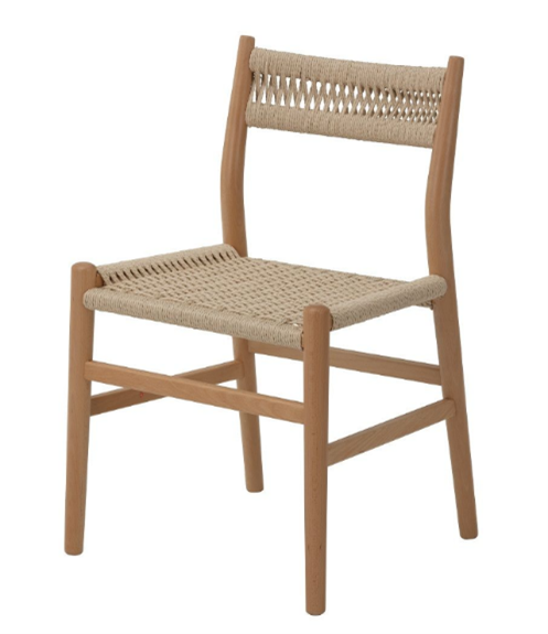 Light toned natural Beech timber dining chair, woven cord seat and slim woven backrest