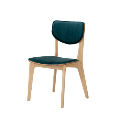 Dining chair with light toned timber frame and upholstered velvet dark green seat and backrest