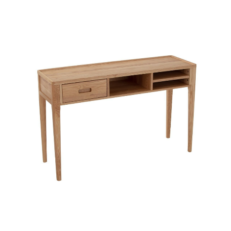 Light toned timber study desk with one drawer, centre open space and one built in shelf