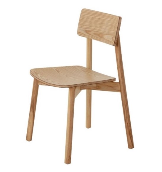 Light toned natural timber dining chair, slightly curved plywood seat and slim backrest