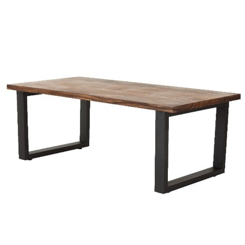 Rectangular dining table, thick walnut timber top, black steel open rectangular base at each end
